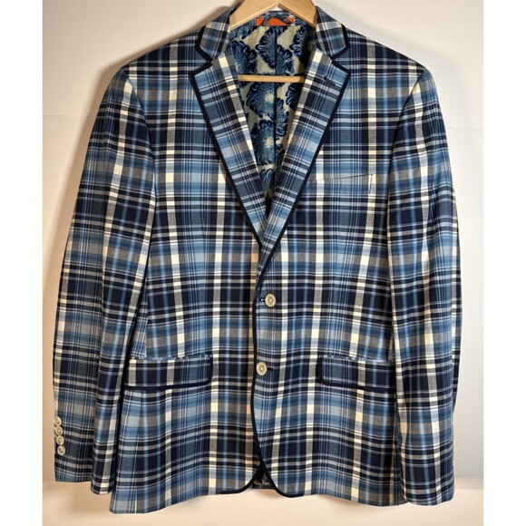 Tallia Orange Tag Sport Coat Men 42R Navy BlueBlazer Jacket Plaid EUC Preppy